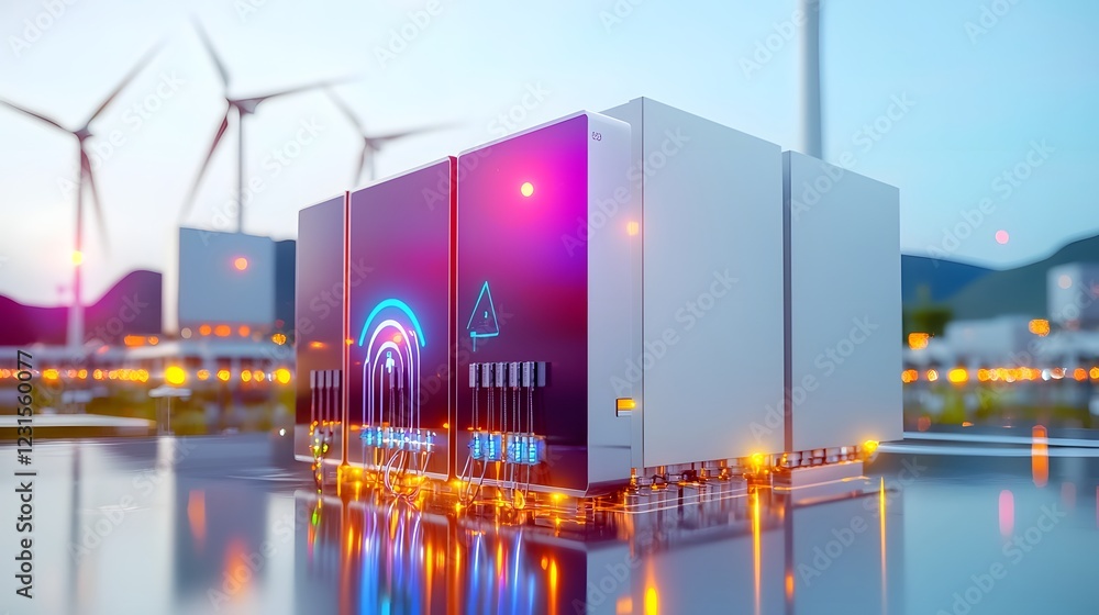 Poster Advanced renewable energy infrastructure with massive battery storage units efficiently managing electricity from wind power farms and solar energy fields