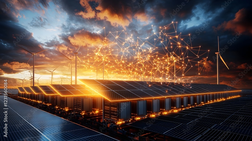Aufkleber renewable energy grid integrating li ion battery storage containers wind turbines spinning under the