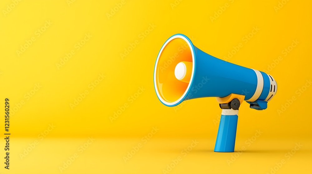 Poster bold blue and yellow megaphone symbol placed on a bright yellow backdrop representing public speakin