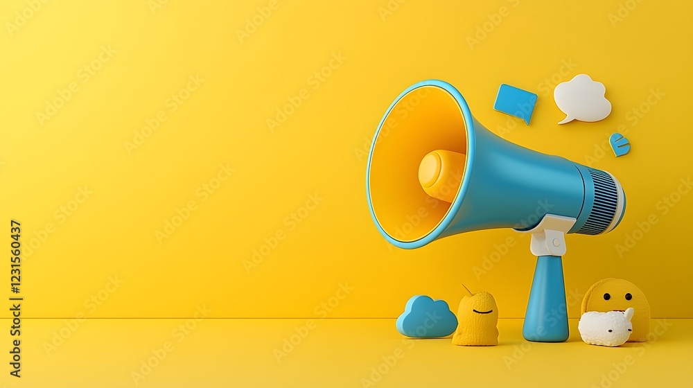 Aufkleber bright yellow and blue megaphone icon on a solid yellow background symbolizing communication announc