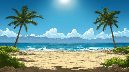 Obraz premium Idyllic Tropical Beach Scene with Two Palm Trees Under a Bright Sun