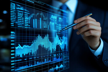 Close-up of a businessman analyzing digital financial market trends on an advanced touch screen, futuristic business strategy, stock investment, data visualization, technology, and corporate success