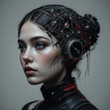 High-tech girl. Concept of AI of the future, wearable AI devices. Cybernetic of the future.