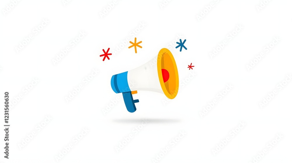 Poster flat style megaphone icon in striking blue and yellow color tones isolated on a solid background sym