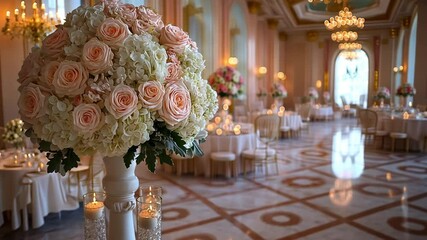 Elegant Wedding Reception Venue with Peach and White Roses Centerpiece