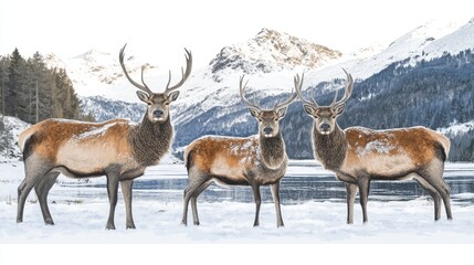 Obraz premium Majestic Red Deer Trio in a Snowy Alpine Landscape