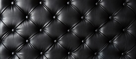 Fototapeta premium Elegant black leather close-up texture with embossed tufted pattern featuring round button details on a deep black background.