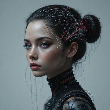 High-tech girl. Concept of AI of the future, wearable AI devices. Cybernetic of the future.