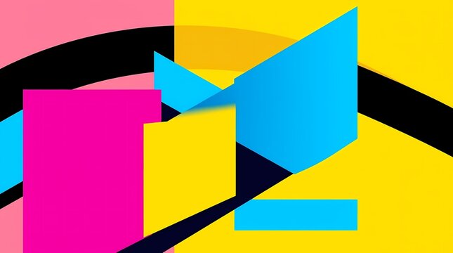An abstract graphic design employing bold geometric forms in neon pink, electric blue, and bright yellow, displaying a high contrast and strong visual impact, using a vector style