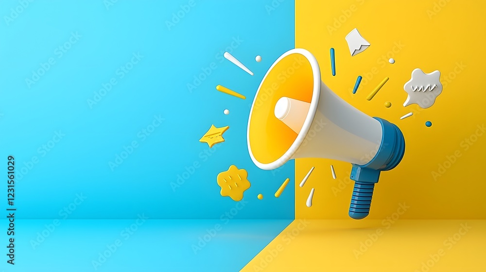 Poster stylized megaphone icon floating on vibrant solid blue and yellow background representing important 