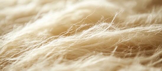Close up of soft beige wool fibers with intricate texture showcasing natural warmth and delicate strands on a blurred background for textile contexts