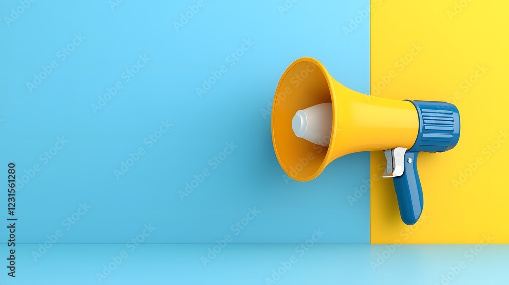 Poster sleek and polished blue and yellow megaphone icon with abstract and creative design isolated on a sh