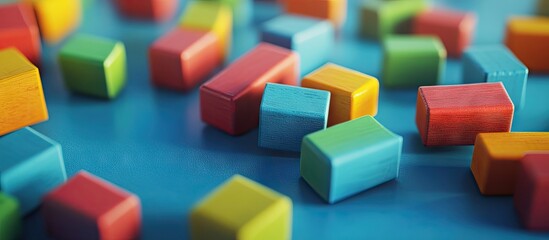 Obraz premium Colorful scattered wooden blocks in vibrant hues of red green yellow and blue on a light blue surface awaiting assembly and creative play
