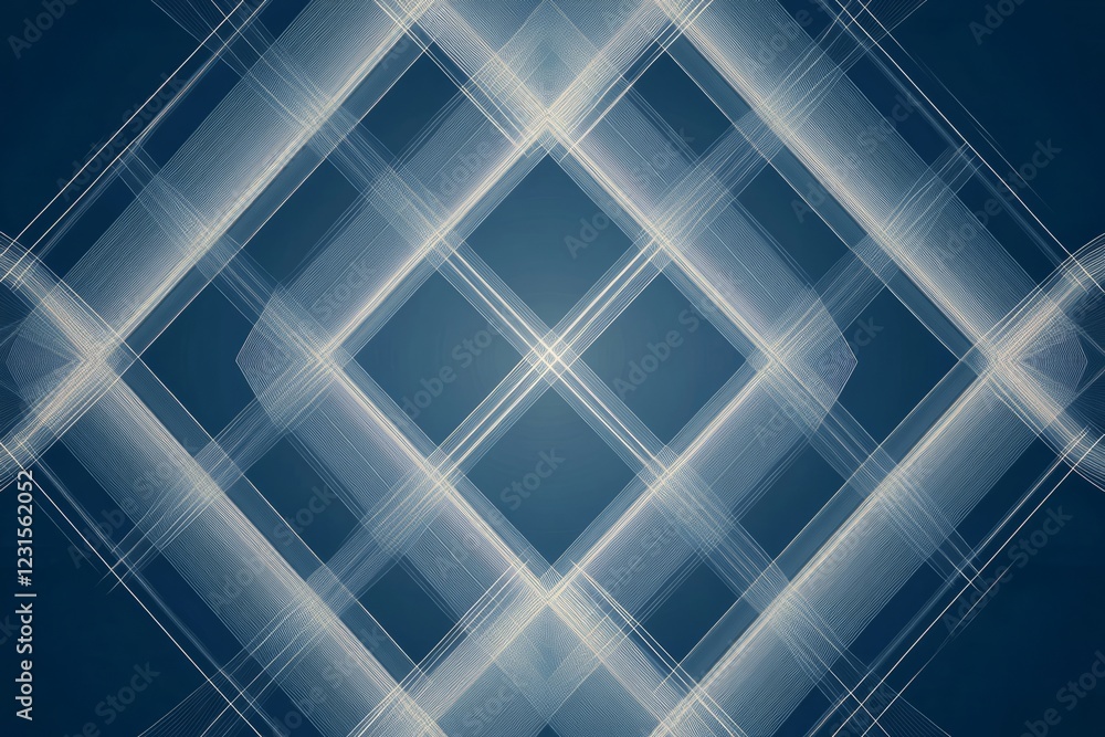 Poster abstract geometric pattern featuring intersecting lines in blue and white, forming a symmetrical des