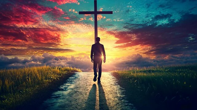 Man walks towards a cross at sunset in a serene landscape