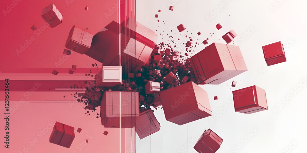 Poster abstract red cubes explosion: a dynamic and energetic abstract composition featuring an explosion of
