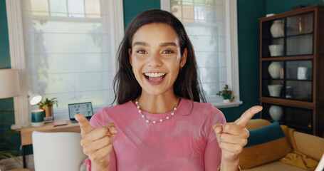 Happy woman, portrait or influencer with ring light for vlog, online streaming or recording at...