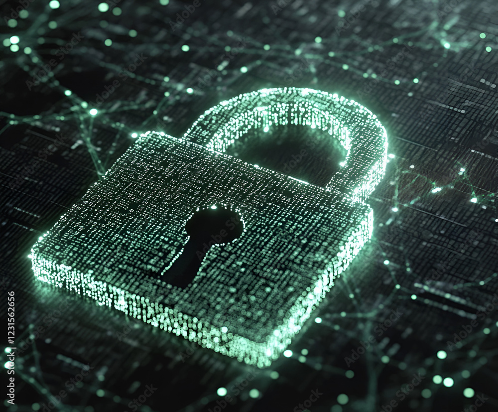 Poster cybersecurity and digital protection: an ethereal, glowing padlock composed of digital code symboliz