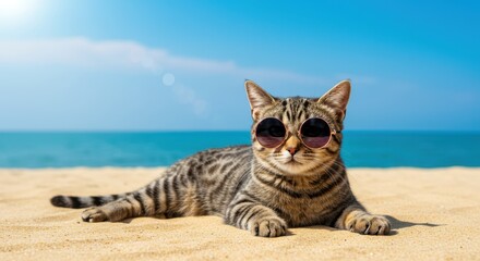 Obraz premium Cat wearing sunglasses lounging on a sunny beach with ocean view