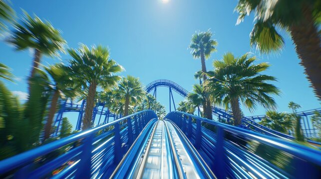 Rollercoaster POV through trees, sunny day, for summer holiday content