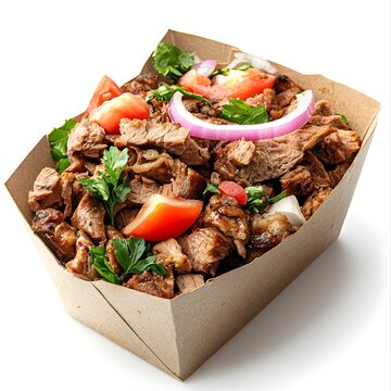 Studio shot of takeaway carton with doner meat. Isolated on white background.