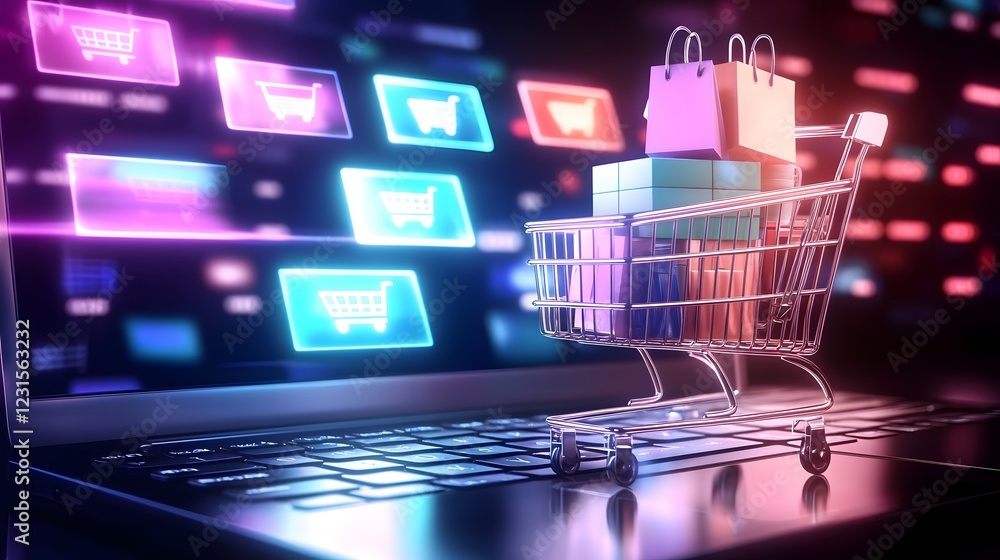 Poster futuristic 3d rendering of a miniature shopping cart overflowing with diverse digital shopping produ