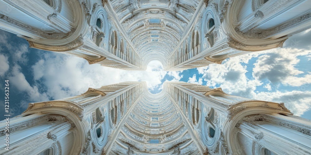 Poster ornate architectural columns create a symmetrical view, drawing the eye upward to a cloudy sky, show