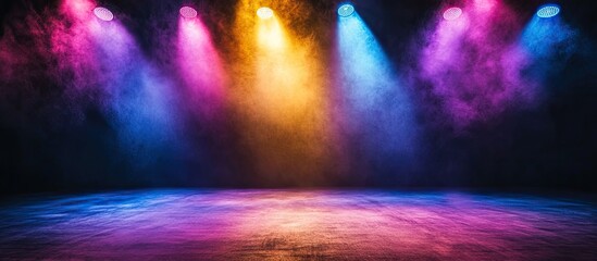 Vibrant empty stage illuminated by colorful spotlights in pink, blue, yellow creating a captivating atmosphere for performances with a dark background