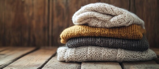 Knitted sweaters in warm tones of beige, mustard, and gray stacked neatly on a rustic wooden surface, highlighting cozy textures and warmth.