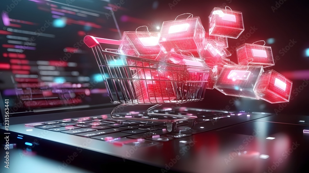 Poster vibrant neon wrapped products spilling out of a high tech shopping cart placed on top of a sleek lap