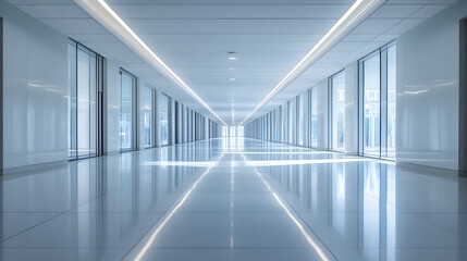 Empty office building corridor with industrial architecture and light