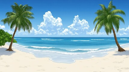 Naklejka premium Idyllic tropical beach scene with two palm trees, white sand, and turquoise water under a bright blue sky