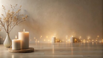 Serene ambiance with candles and dried flowers on wooden floor
