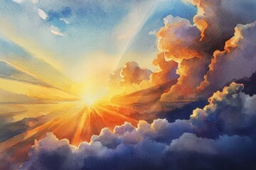 Beautiful watercolor artwork capturing a breathtaking sunrise with colorful clouds and radiant sunbeams.