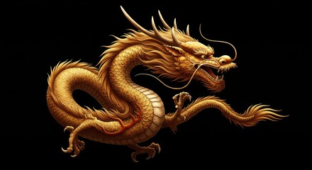 Majestic golden dragon soaring against a dark background, symbolizing power