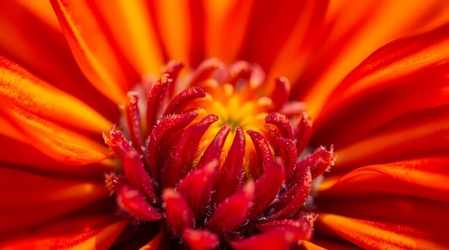 An abstract photograph of a macro shot of a flower, focusing on its intricate details and textures, showcasing vibrant hues of red, yellow and orange, in a close-up framing, using natural ligh