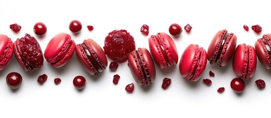 Cranberry sauce and bright red macaroons elegantly arranged on a white background, showcasing a festive dessert theme with vibrant colors.
