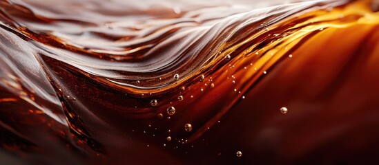 Rich brown coffee liquid cascading with deep hues and textures, featuring air bubbles and a silky surface, evoking a sense of delicious indulgence