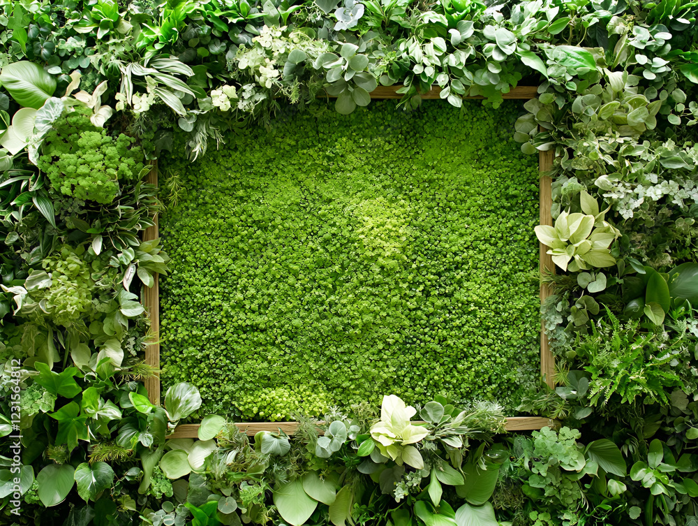 Poster green frame of life: a lush green moss wall forms a vibrant natural frame, surrounded by an array of