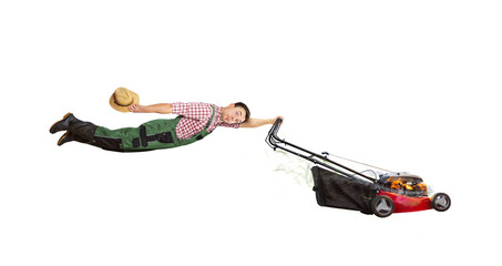 Funny gardener dragged away by runaway lawn mower