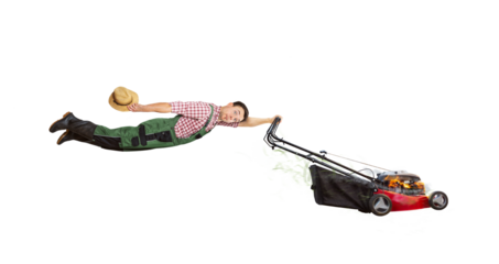 Funny gardener dragged away by runaway lawn mower