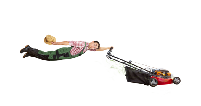 Funny gardener dragged away by runaway lawn mower