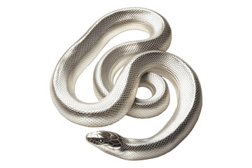 Obraz premium Coiled silver snake sculpture with detailed scales isolated on white transparent background, reptiles or wildlife, symbolizing Chinese Lunar New year