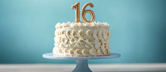 Elegant Sweet 16 cake with golden number 16 on top, white icing decoration, round cake stand, set against a soft pale blue background.