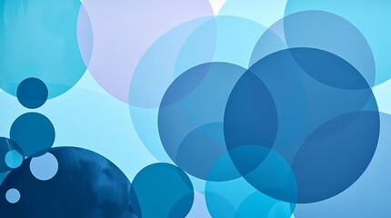 An abstract piece featuring overlapping circles of various sizes and transparency, layered to create a complex visual depth. The color palette is predominantly cool, with shades of teal, laven