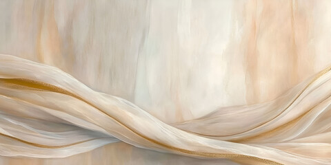 Soft Draped Fabric on Tan Background:  Elegant waves of silky beige fabric gently caress the surface of a textured tan background. The soft.