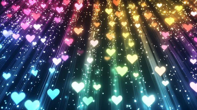 Digital backdrop for live events featuring a wall of glowing neon hearts and vibrant light rays, ideal for virtual celebrations