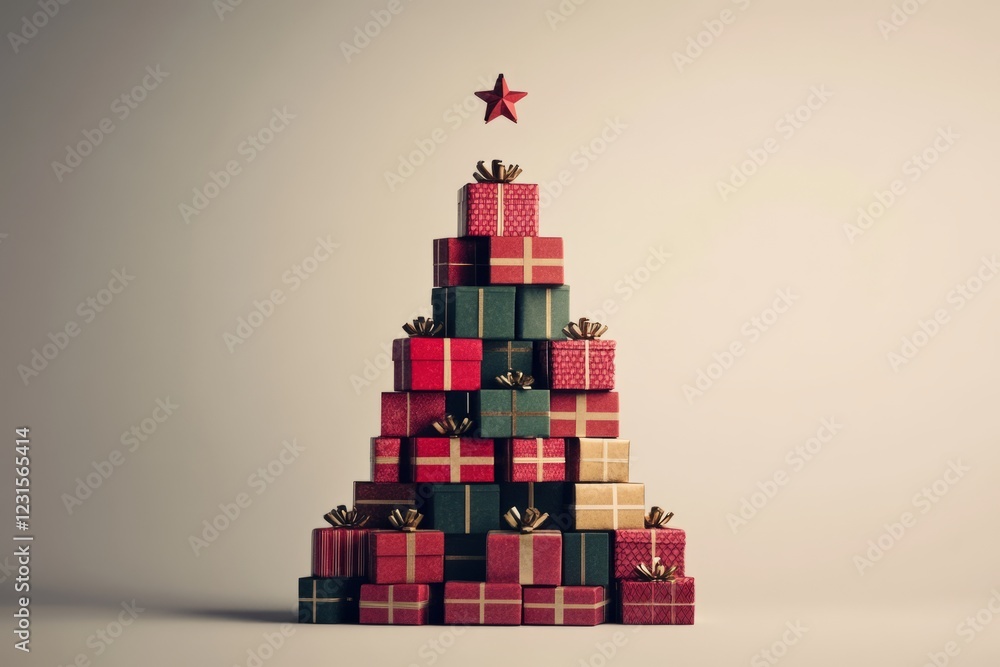 Poster christmas tree made of stacked boxes with a star on top. the tree is tall. the boxes are of differen