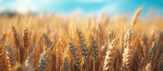 Fototapeta premium Golden durum wheat field under a clear blue sky with golden tones in focus showcasing grain textures swaying gently in the breeze