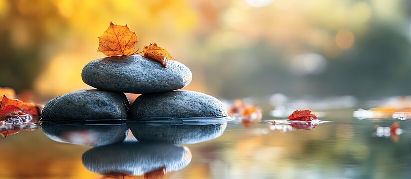 Tranquil stacked stones with autumn leaves on water surface reflecting warm orange and golden hues creating a serene work life balance atmosphere